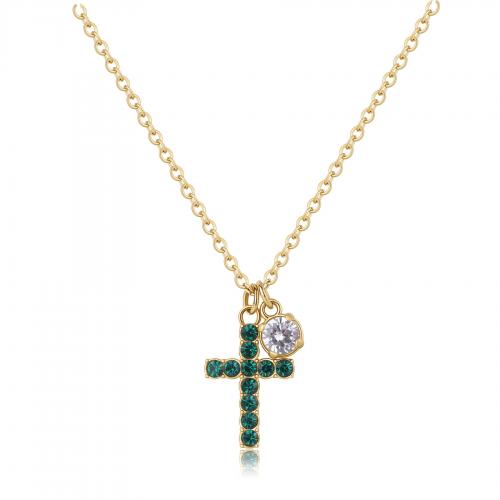 Collana dorata serie Dazzly con croce verde smeraldo e zircone