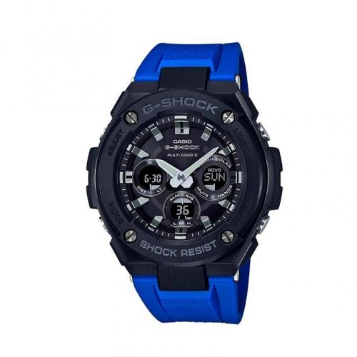 G-Shock digi/ana, solare, radiocontrollato, cassa acciaio nero, cinturino resina blu